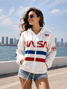 NASA‎ Windbreaker Jacket White Hooded Space Shuttle Graphic Size L